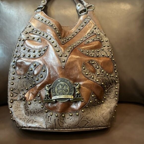 NWOT Charm & Luck Equestrian Style Brown Leather Brass Studded Purse Handbag - Picture 2 of 14